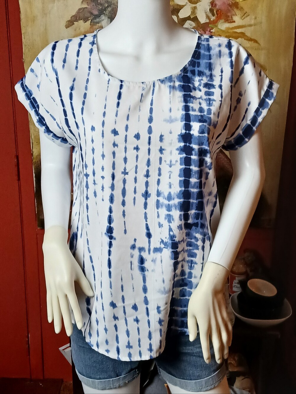 Style House Blue White Shibori Tie Dye Dolman Cuffed Sleeve Blouse - Size M